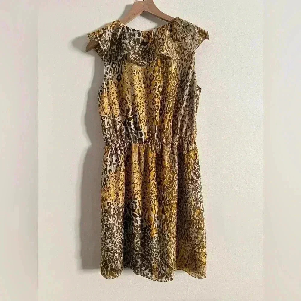 CARLOS MIELE Beige Yellow Gold Leopard Print Ruffle Detail Mini Dress Size XS - Picture 11 of 12